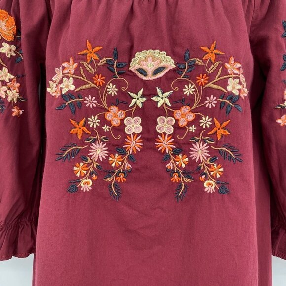 Justify Womens Burgundy Floral Embroidered Balloon Sleeve Tunic Top M Peasant - Picture 3 of 6